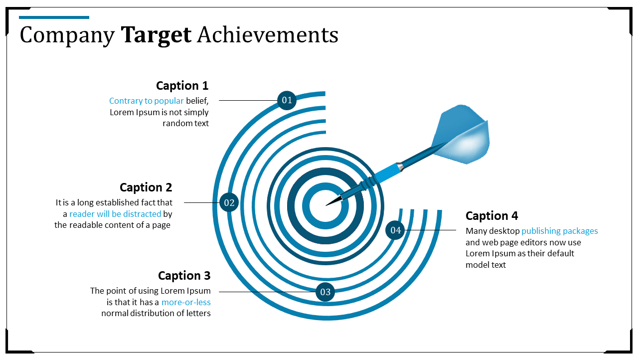 A dartboard with concentric circles, highlighting company achievements with labels and placeholder text on a white backdrop.