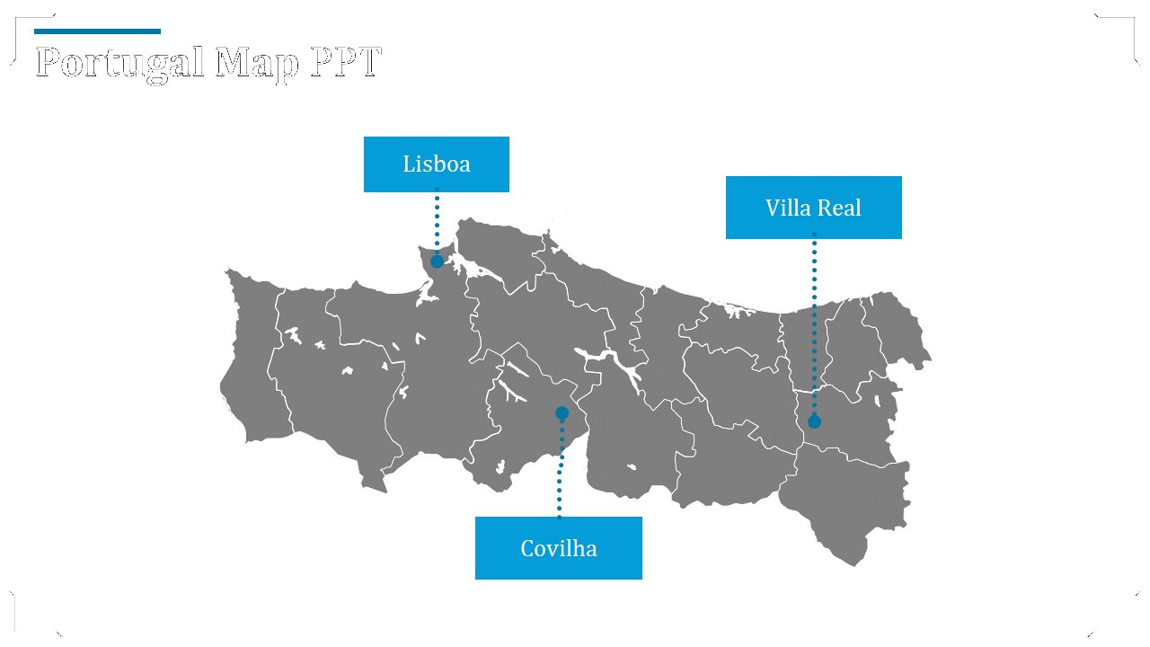 Grey map of Portugal showing locations in Lisboa, Villa Real, and Covilha marked with blue labels on a white backdrop.