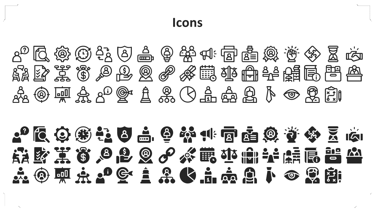 A collection of black and white icons representing business, management, and team related concepts on a white theme.