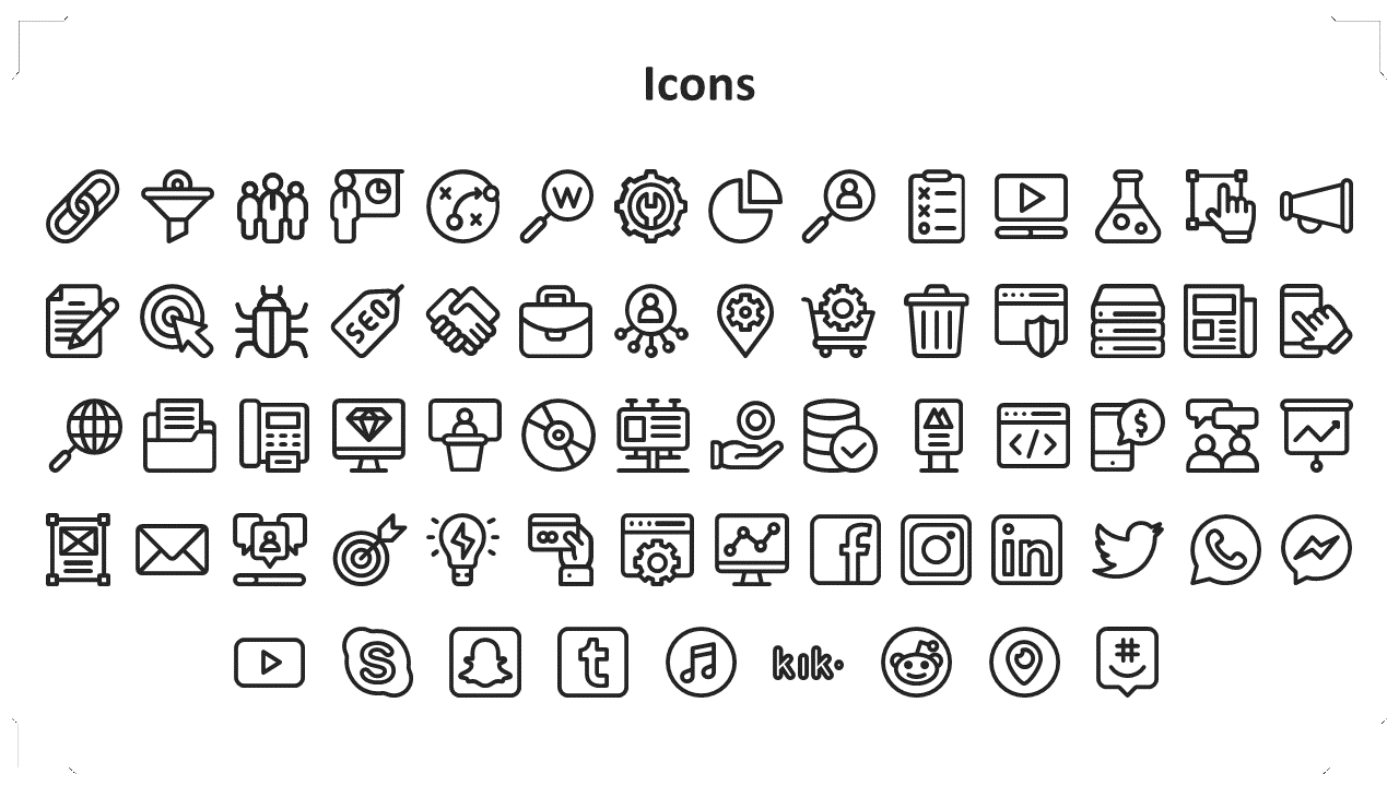 A collection of black and white business and technology icons, including social media logos, charts, and communication tools.