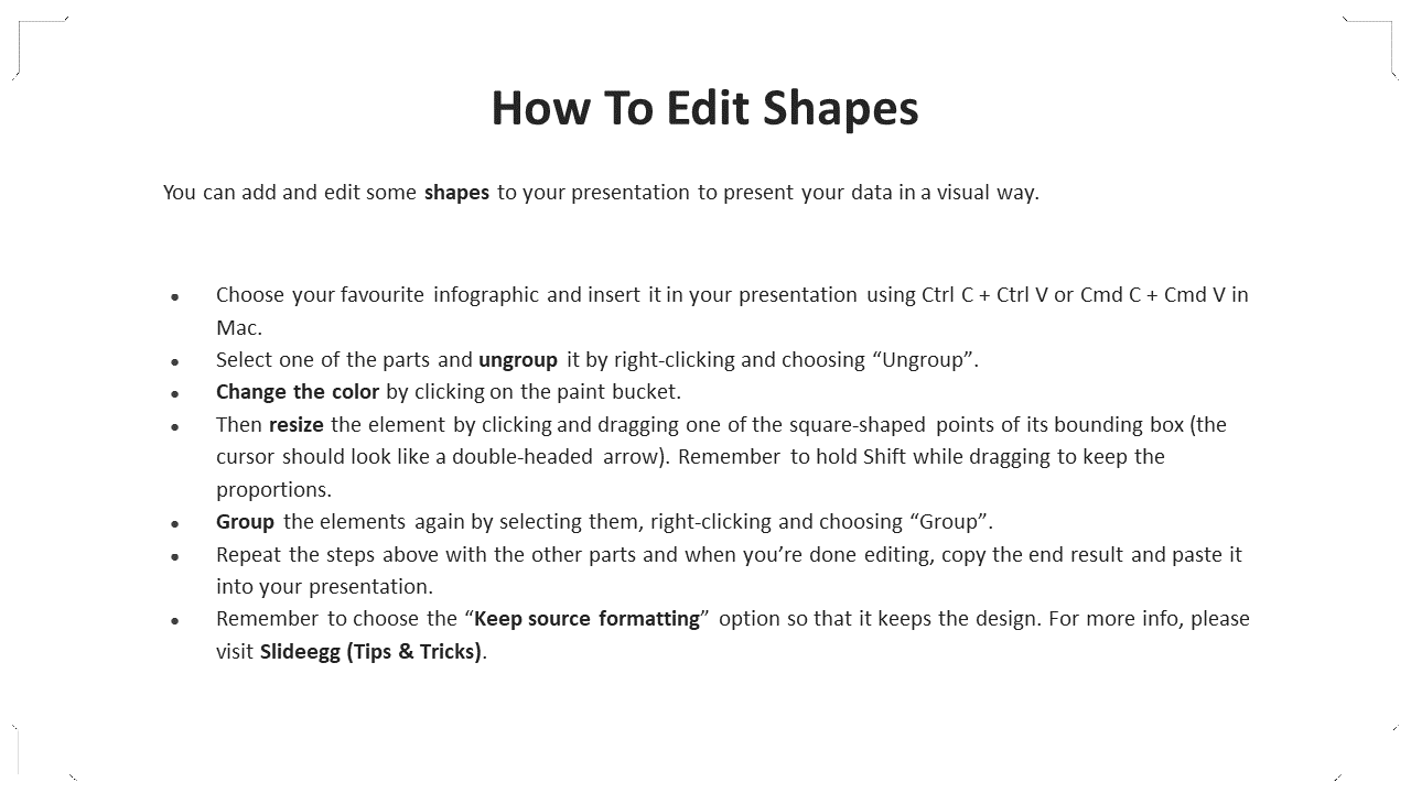 Step by step guide on editing infographic shapes, including resizing, changing color, and re grouping elements.