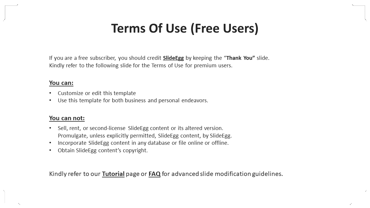 Terms of use for free users, explaining customization rights and restrictions on SlideEgg content on a white theme.