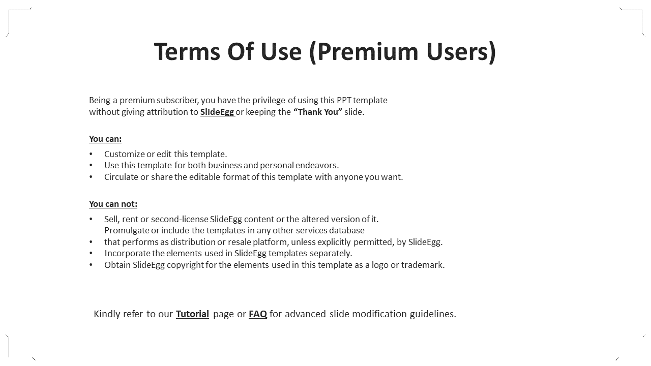Terms of use for premium users, outlining rights to edit, customize, and share SlideEgg templates on a white backdrop.