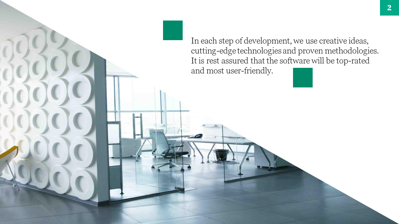 Interior view of a modern office with a stylish wall and glass partition, accompanied by text on a white backdrop.