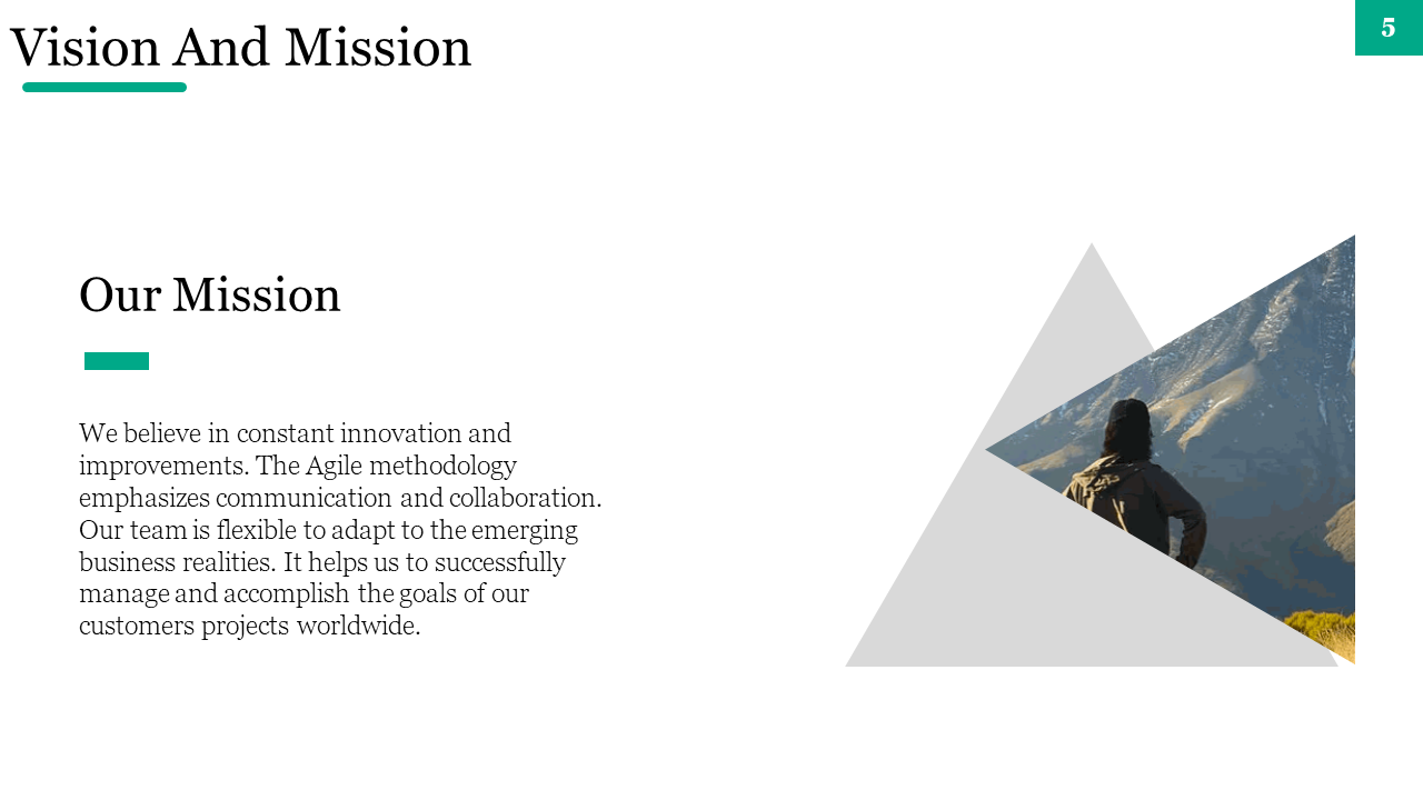 A person standing on a mountain, gazing at the horizon, symbolizing the company's vision and mission on a white backdrop.