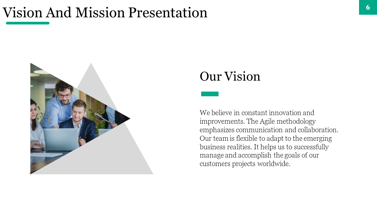 A diverse team collaborating on a laptop, representing the company's vision of innovation on a white backdrop.