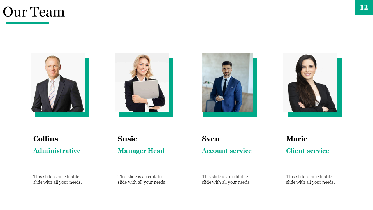 Our team members, Collins, Susie, Sven, and Marie, with roles and placeholder text on a white backdrop.