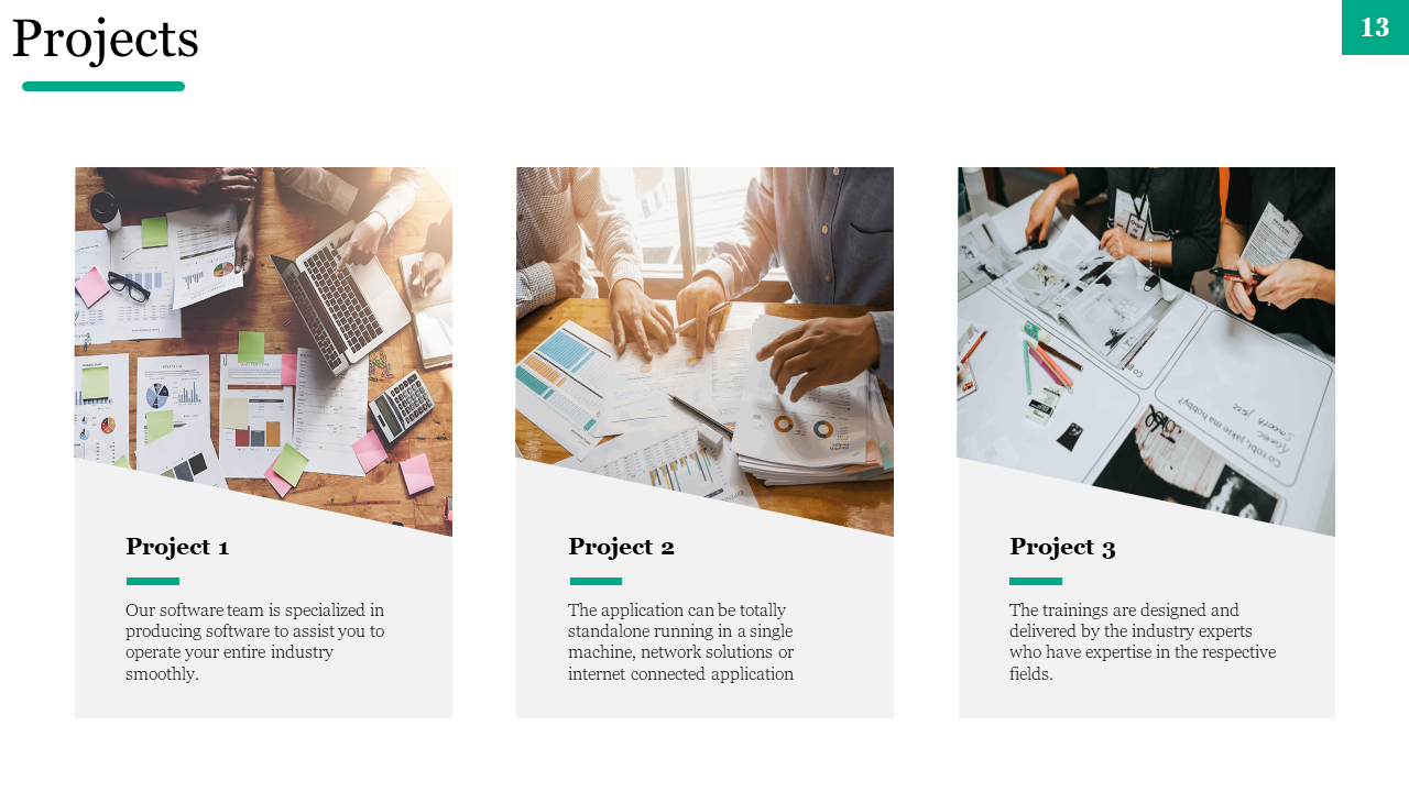 Project overview slide with three images and laptops, papers, charts, and bar graph with descriptions on a white backdrop.