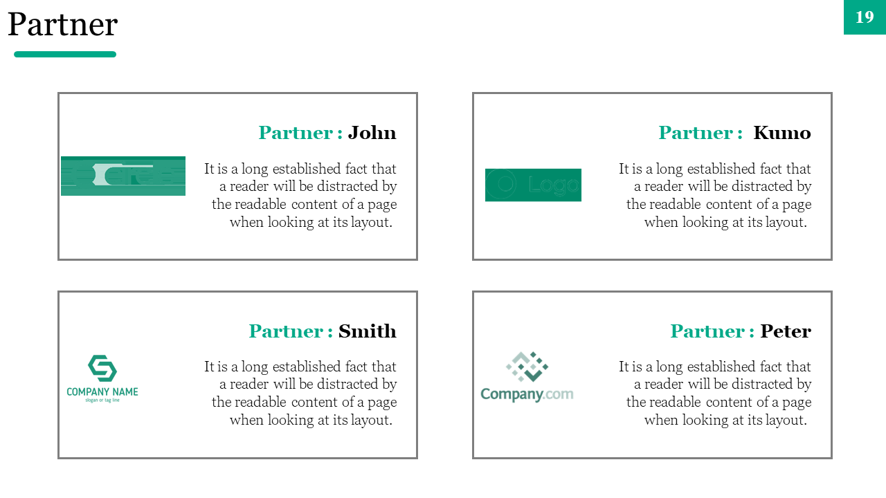 Partner section featuring logos for John, Kumo, Smith, and Peter, each with a text about the layout with green icons. 