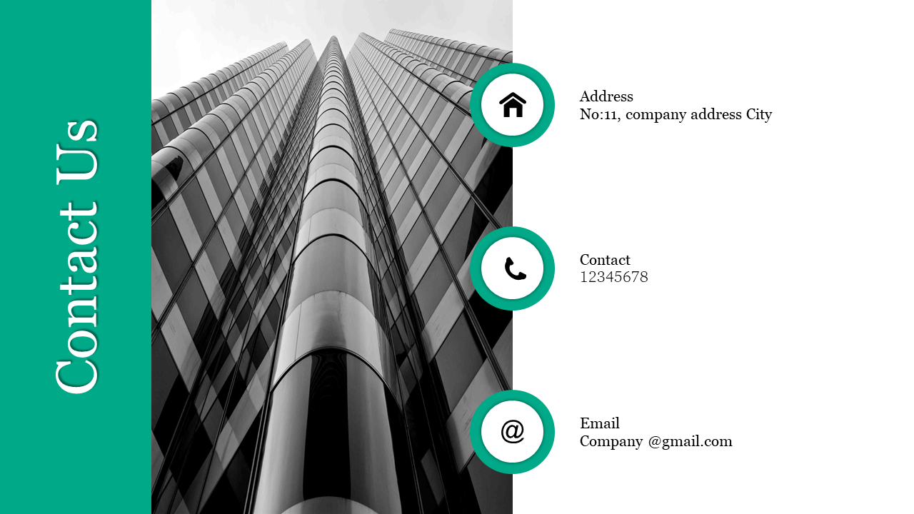 Contact Us slide featuring a skyscraper background with contact details including address, phone number and email with icons.