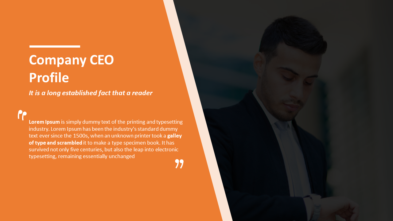 Company CEO profile slide with professional photo and quote about the history of typography on an orange and black backdrop.