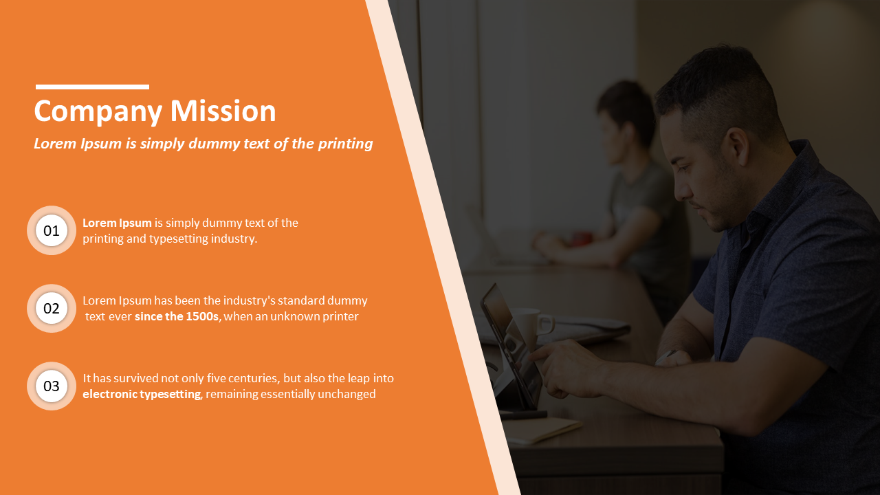 Company mission slide with bullet points and an image of a person working at a desk on an orange backdrop.