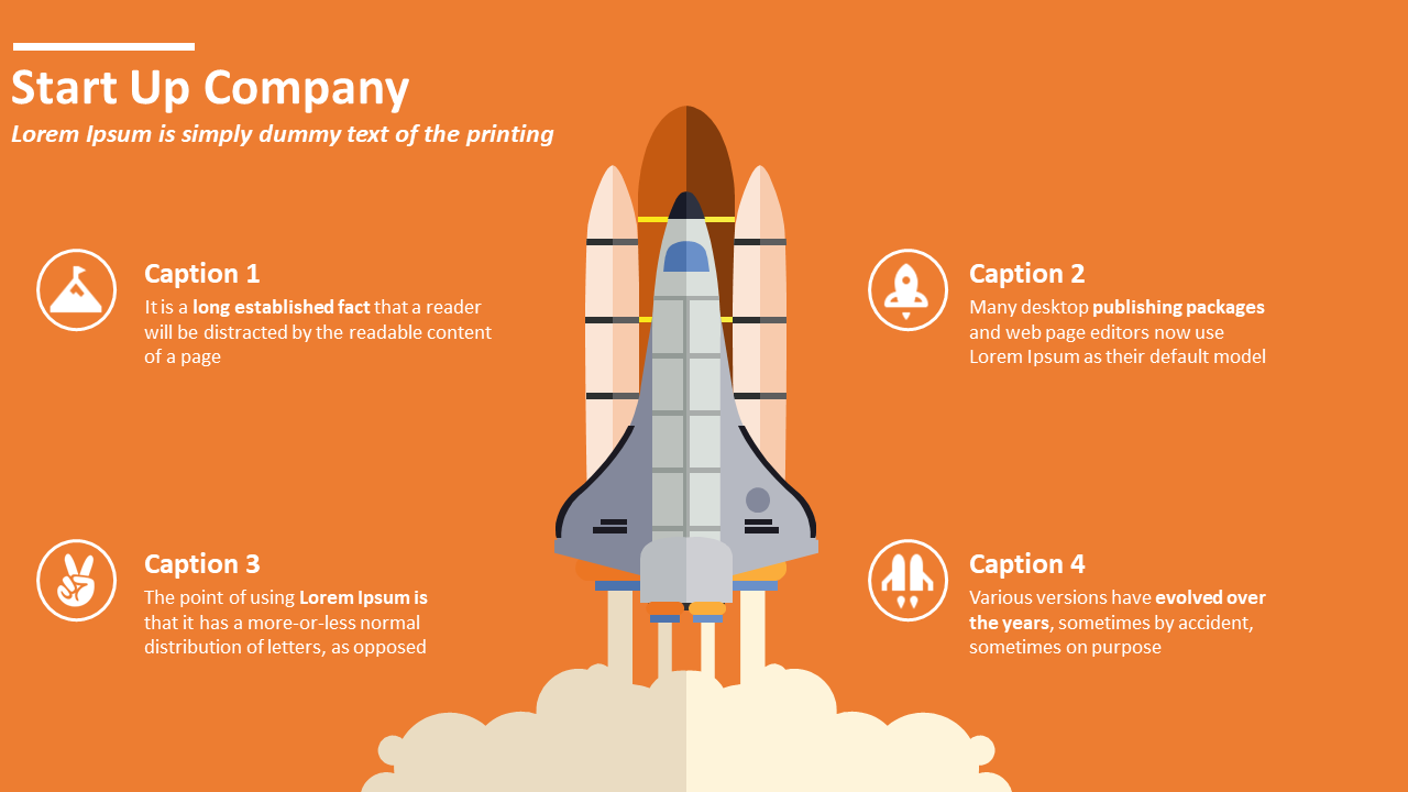 Start up company slide featuring a rocket illustration and four captions about Lorem Ipsum text on an orange backdrop.