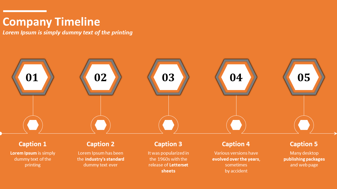Company timeline slide features five steps with captions and hexagonal icons on an orange backdrop.