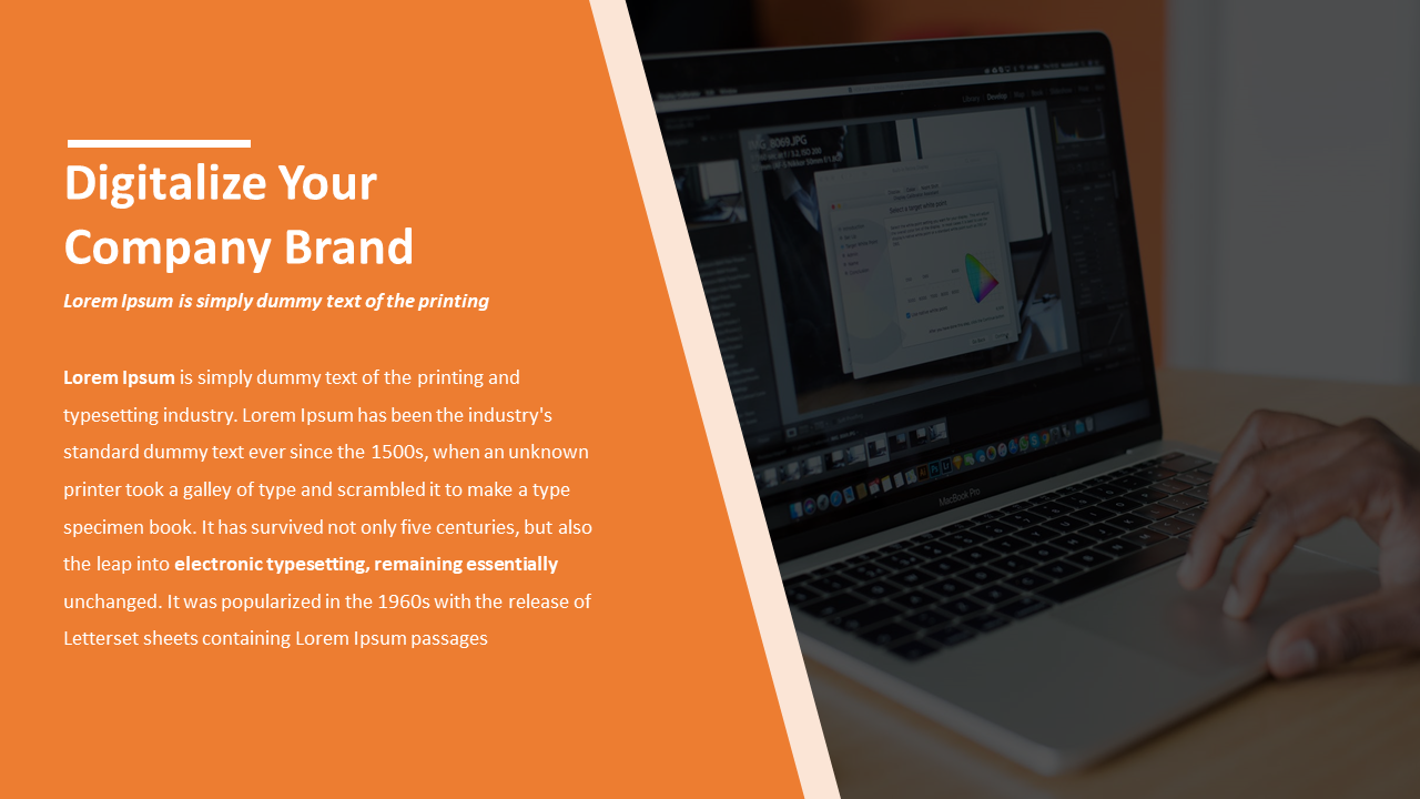 Digitalize your company brand slide featuring a person working on a laptop with photo editing software open in orange theme.