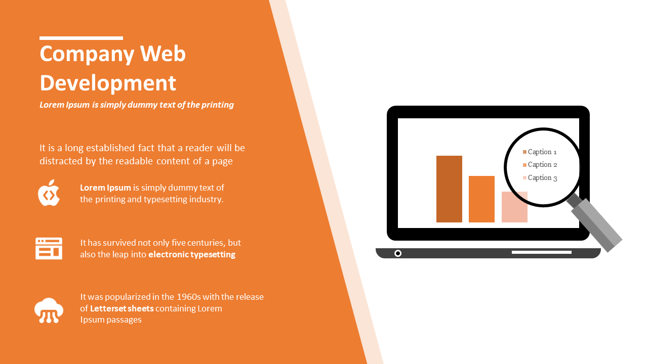 Company web development slide featuring a laptop with a magnifying glass focused on a bar graph and captions in orange theme.