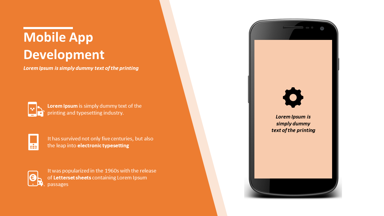 Mobile app development slide featuring a smartphone with a gear icon and captions on an orange and white backdrop.