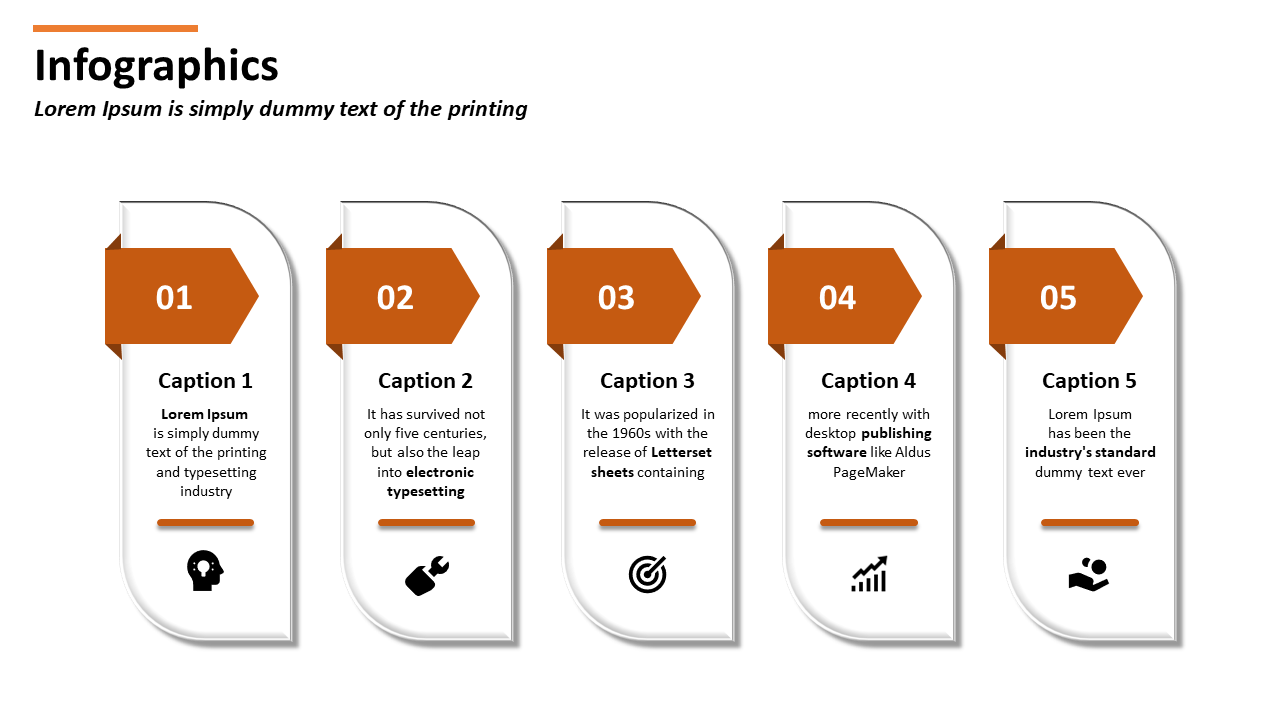 Infographics slide with five numbered sections, each containing captions and icons on a white backdrop.