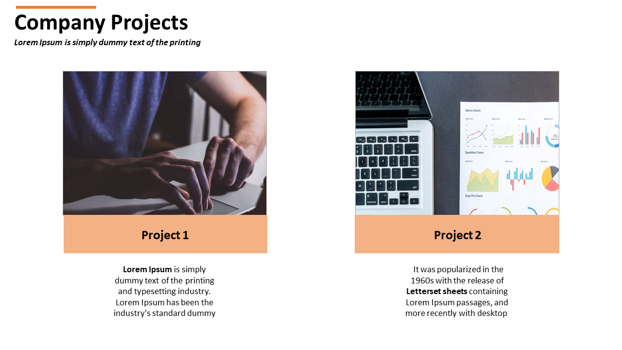 Company projects slide featuring two images, one of a person working at a desk and the other of a laptop displaying charts.