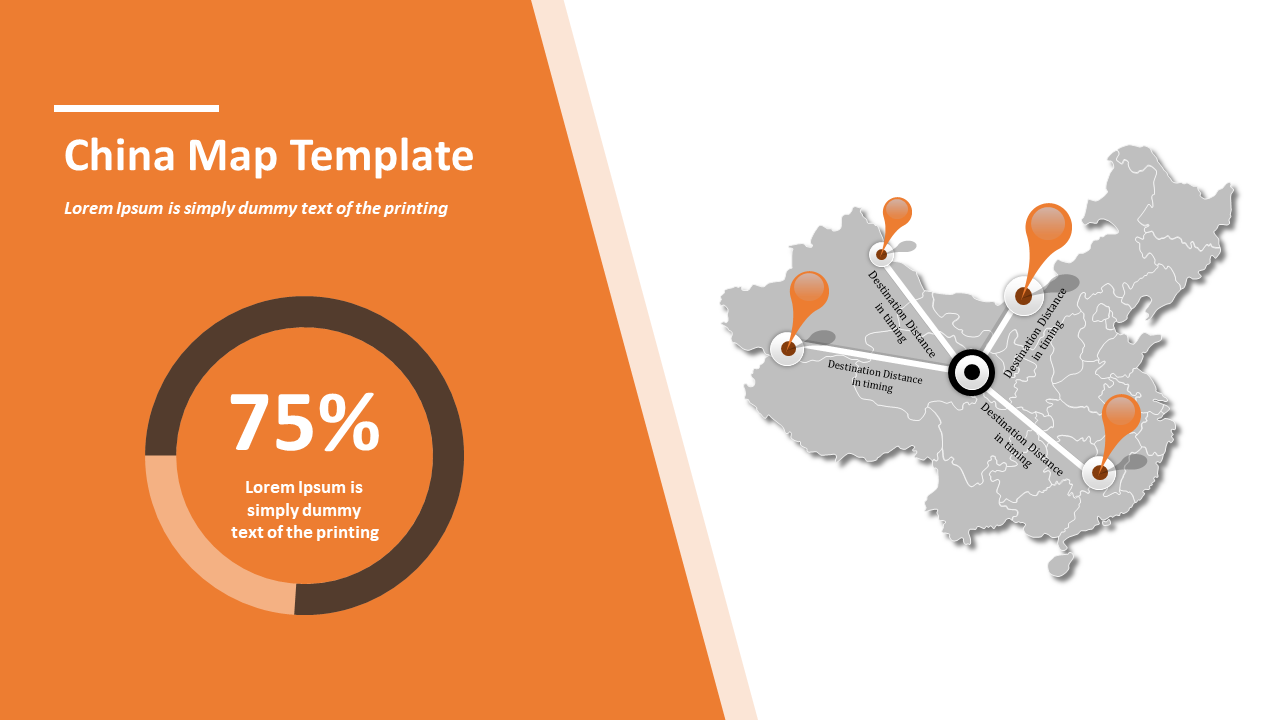 China map PowerPoint slide with a percentage circle and markers showing destination distances on an orange and white theme.