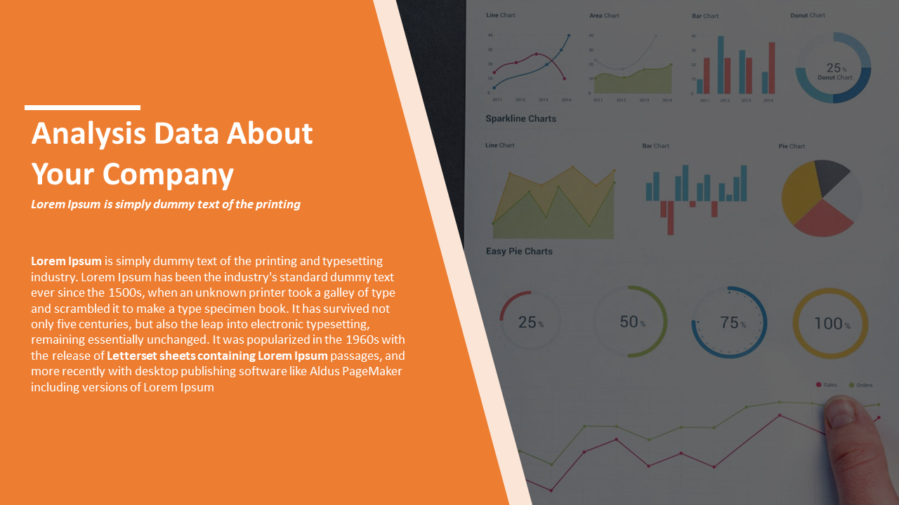 Orange analysis data slide with various charts, including line, pie, donut, and bar charts with text descriptions.