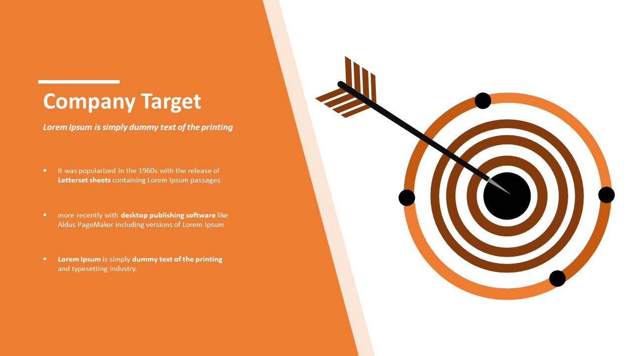 Company target slide featuring an image of a bullseye with an arrow hitting the center and text on an orange and white theme.