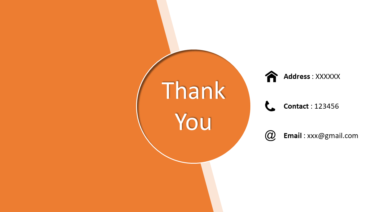 Thank You slide with contact details including address, phone number, and email on a white and orange backdrop.