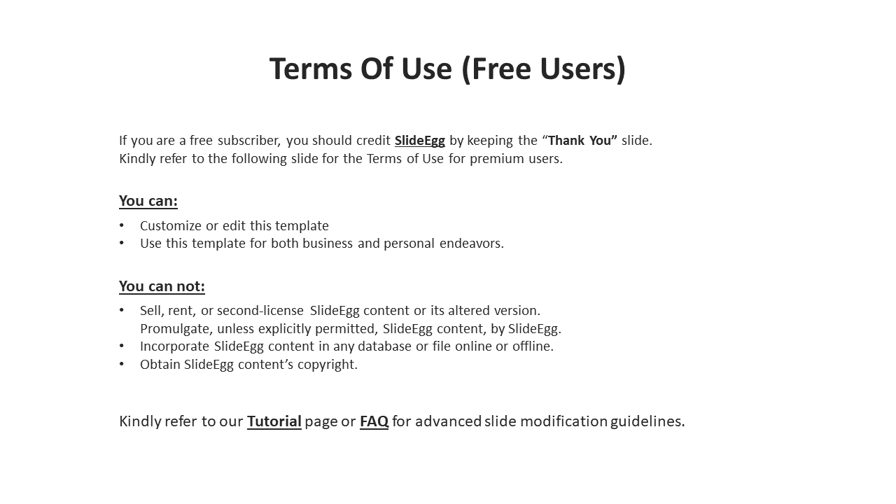 Terms of Use for free users, detailing what is allowed and prohibited when using SlideEgg templates on a white backdrop.