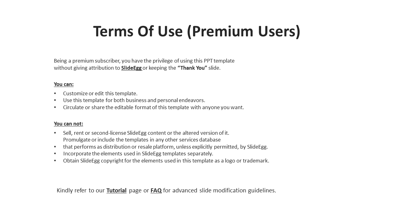 Terms of Use for premium SlideEgg users, explaining the privileges and limitations of using templates on a white backdrop.