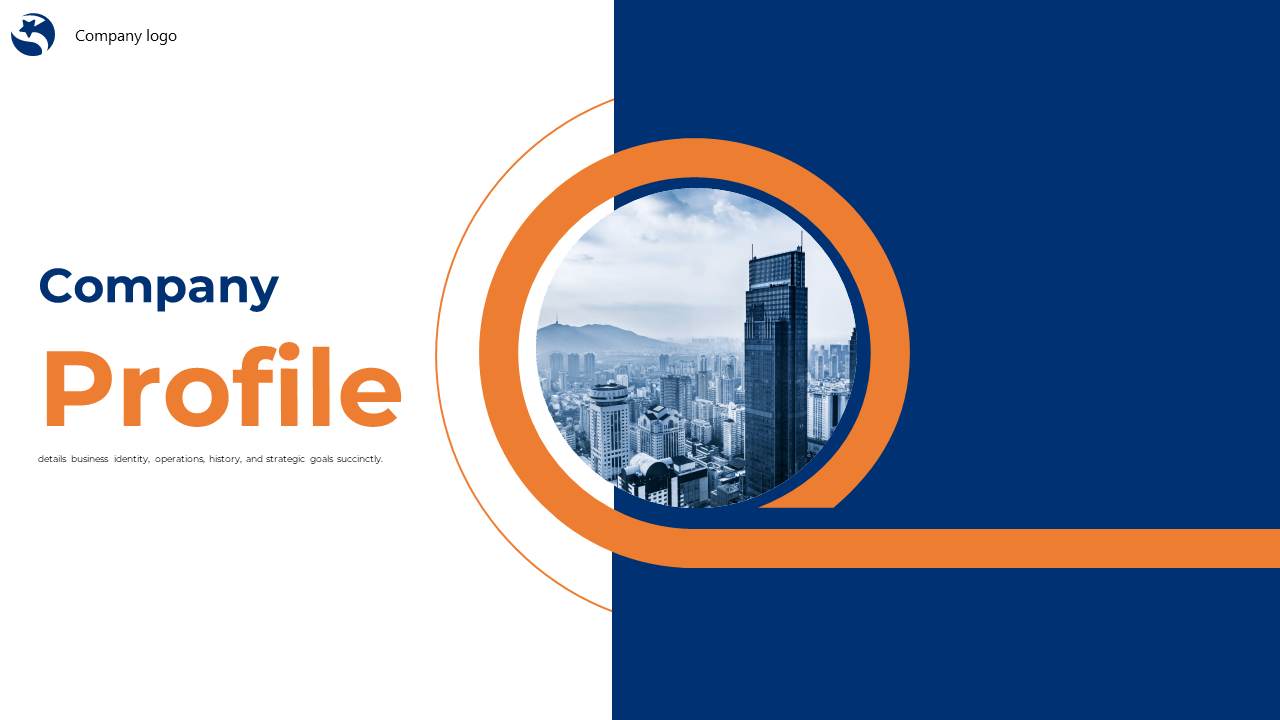 Company slide deck with a blue and orange design, highlighting key services, strategy, and organizational structure.