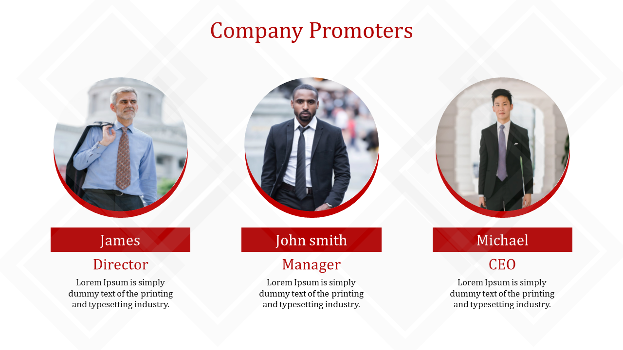 3 individuals posing for a company promotion slide with red accents for names and roles with descriptions on a white theme.
