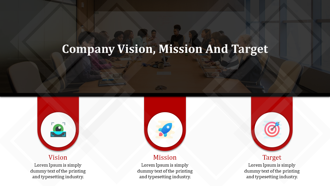Business team working in a meeting room with a focus on company vision, mission, and target with icons and descriptions.