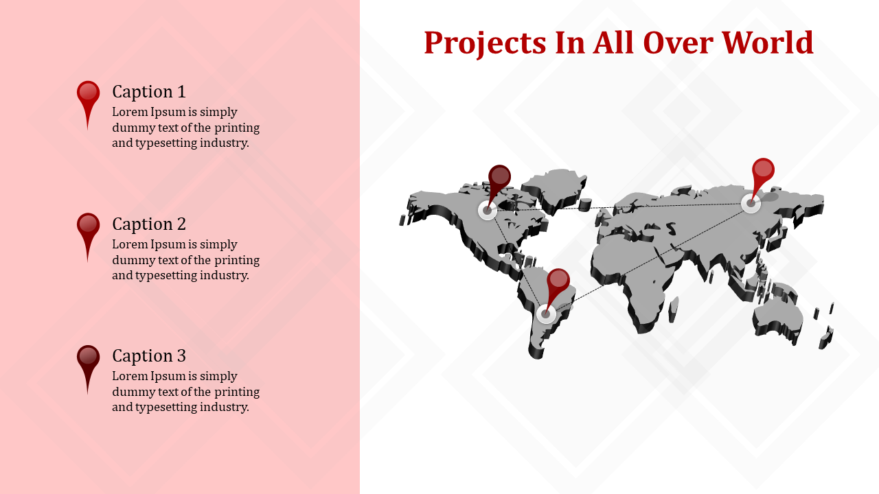 Map of the world with marked project locations using red pins and captions for each project on a white backdrop.