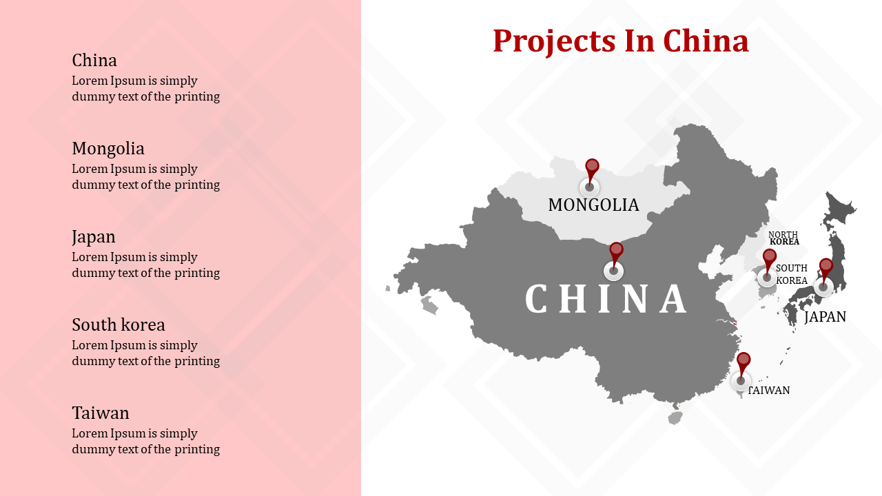 Map of China with project locations marked in Mongolia, Japan, South Korea, Taiwan, and North Korea using red pins.