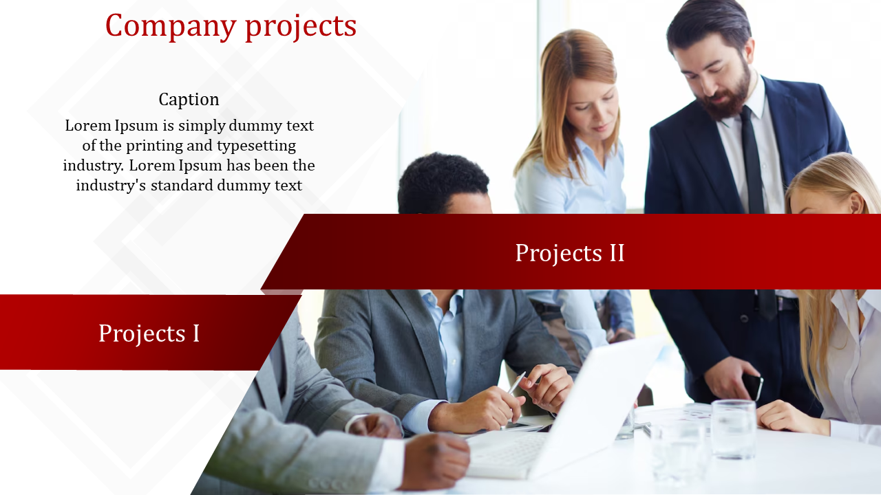 Company projects slide with two sections labeled Projects 1 and 2, showcasing a group collaborating on laptop in white theme.