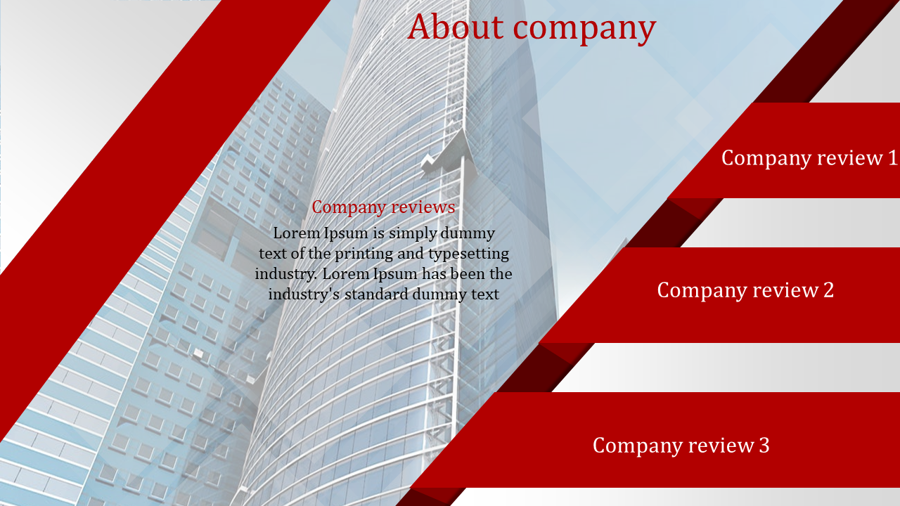 About the company slide with a building background and company reviews divided into three red sections with text.