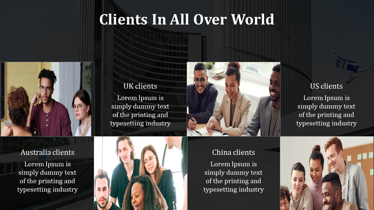 Global client slide featuring sections for Australia, UK, US, and China clients, each with a relevant image and caption.