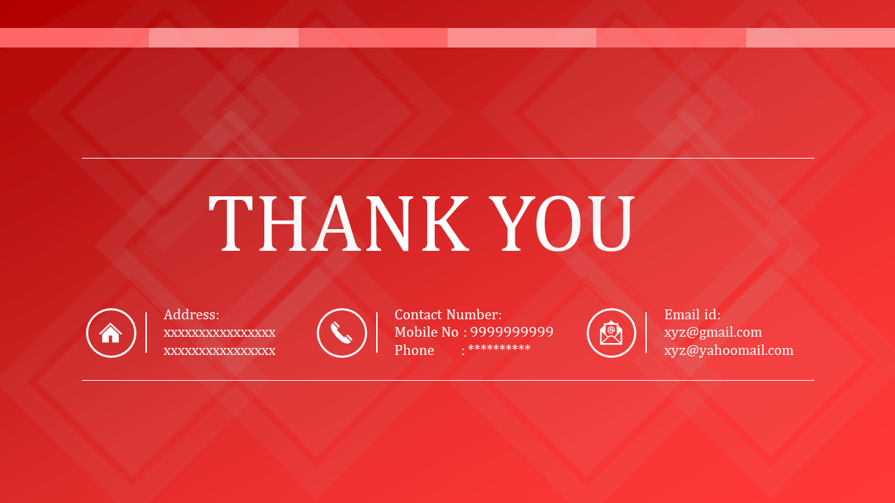 Thank you slide with contact details including address, phone numbers, and email on a red backdrop.