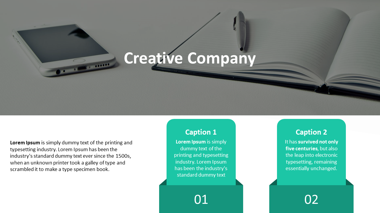 Creative company slide with text over an image of a smartphone and notebook with two green captions on a white theme.
