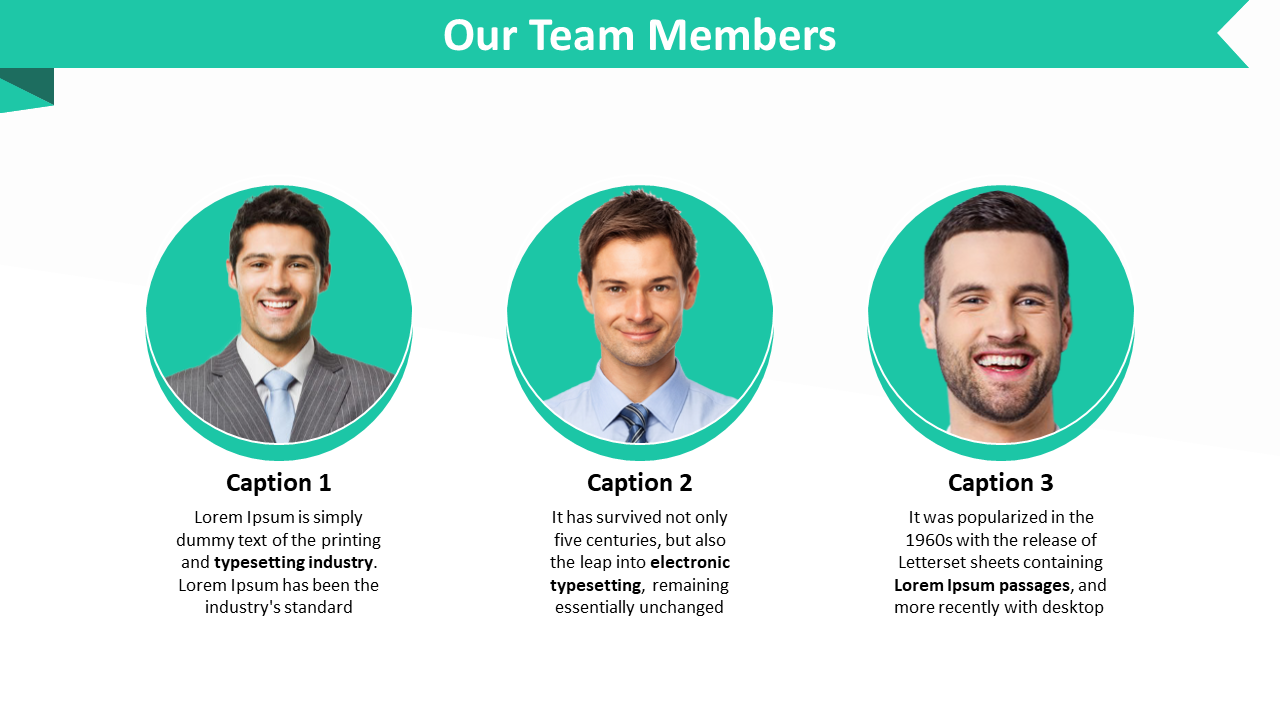 Team members in suits with captions describing their roles are displayed on a green and white background.