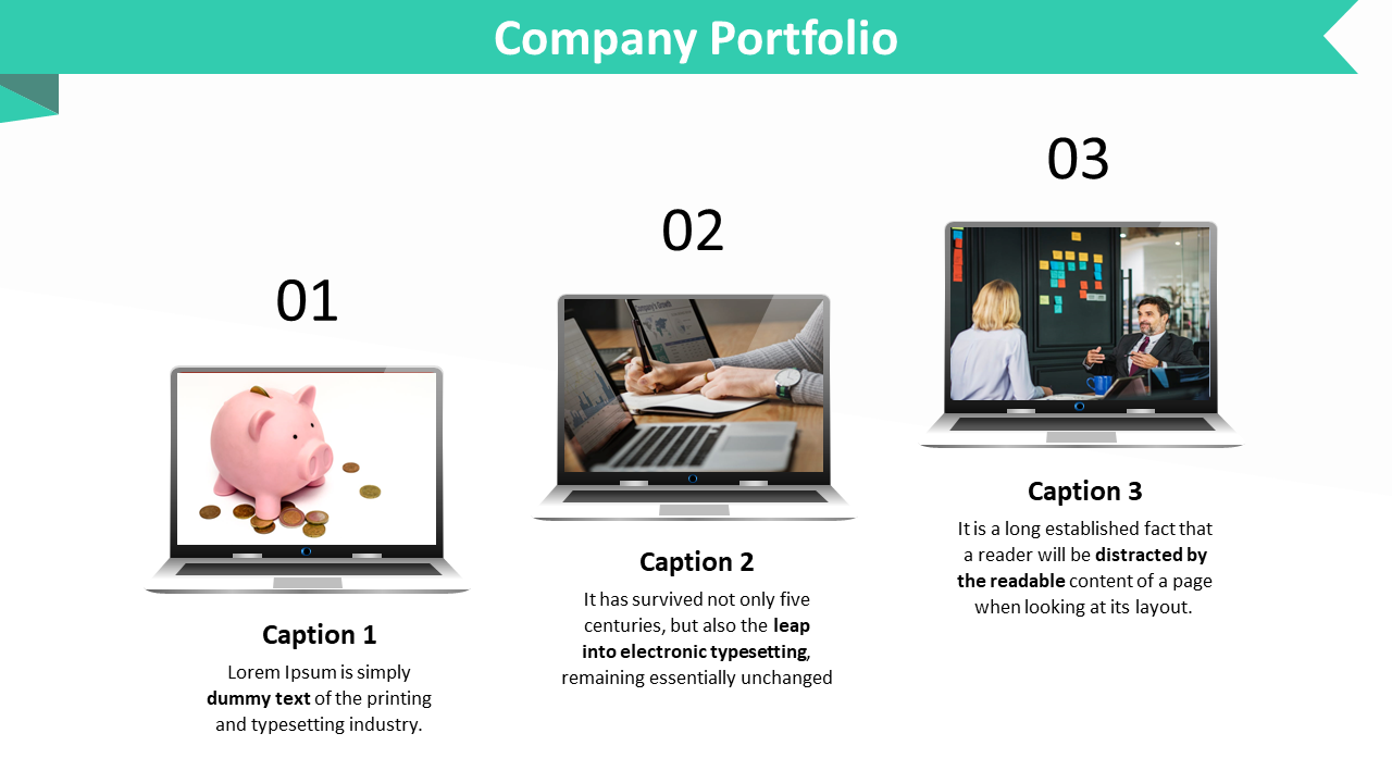 Company portfolio slide featuring three laptops with icons representing savings, team collaboration, and business strategy.