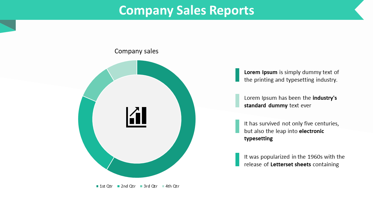 Company sales report slide features a green circular chart with segments for different quarters and an icon on a white theme.