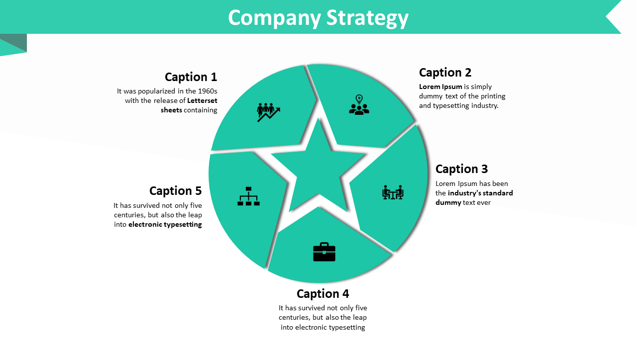Company strategy slide with a green circular diagram featuring a star at the center and icons for various strategies.