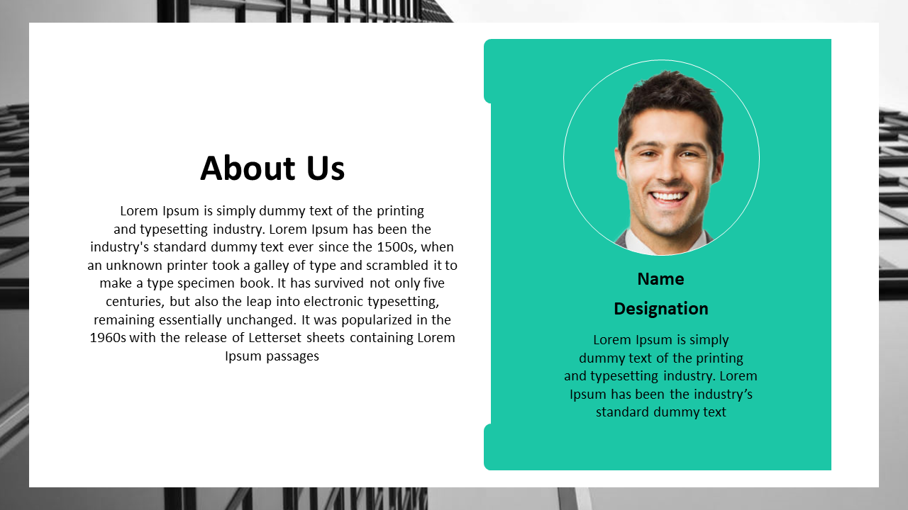 About Us slide with a profile picture and details about a person including name, designation, and description in green theme.