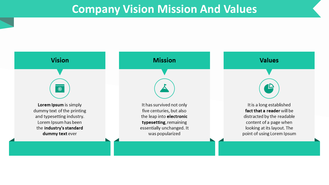 Company vision, mission, and values displayed with descriptive text and corresponding green icons representing each concept.