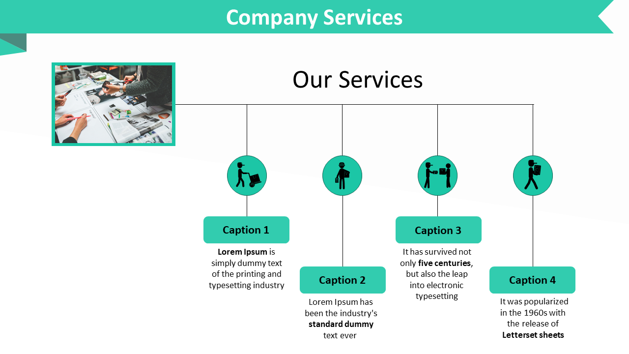 A company services slide with a photo of a team working on papers, accompanied by green icons with captions on a white theme.