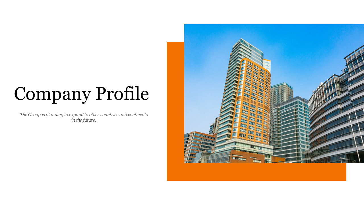 PowerPoint slides with a company profile including sections for vision, mission, SWOT analysis, and more.
