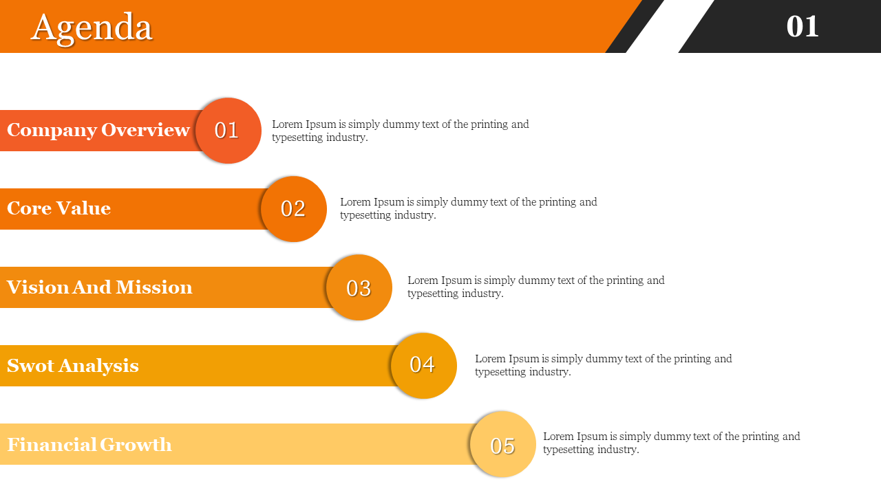 Agenda slide displays the colorful sequence of topics for the presentation from company overview to financial Growth.