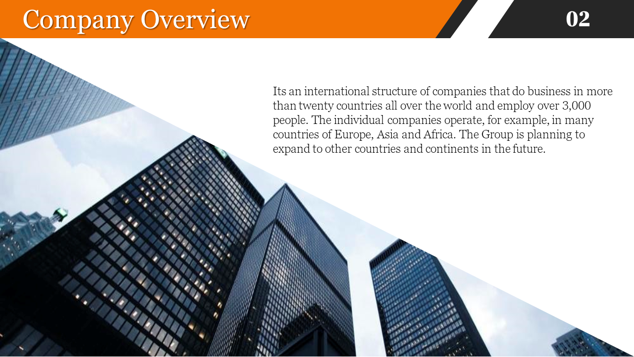 Company overview slide with a skyscraper image and details about the company's global presence on a white theme.