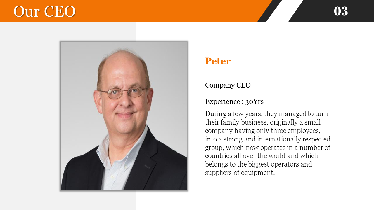 Portrait of Peter, Company CEO with 30 years of experience, who expanded a small family business into a large in white theme.